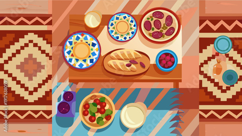 Festive meal setup with various dishes on colorful plates and tablecloths holiday food arrangement