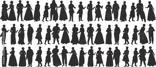 Vintage people silhouettes collection, Victorian men and women standing talking walking poses black shadow illustration set