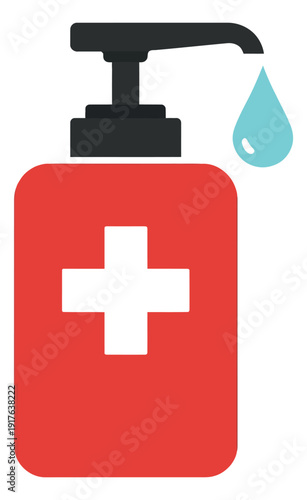 Clip art illustration of a hand sanitizer bottle with a medical cross depicting a drop of liquid being dispensed for hygiene and health
