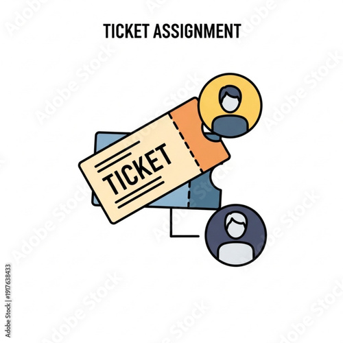 Ticket being assigned to a person through a digital interface, represented by a simple icon and a ticket stub, symbolizing event access allocation