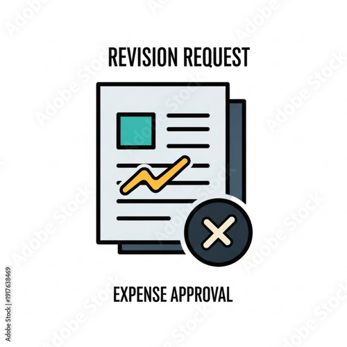 Document with revision request and expense approval details displayed on a simple graphic interface