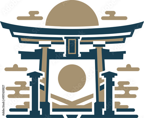 Shinto shrine torii gate japanese architecture religion spiritual zen vector illustration symbol heritage sacred temple.