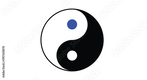 Yin and yang symbol with a blue dot stark black silhouette