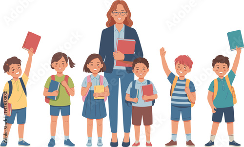 Smiling school teacher with diverse happy students, elementary children holding books and backpacks isolated on white background vector illustration