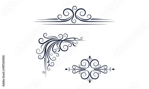 Ornate swirling floral design elements in black illustration on plain background