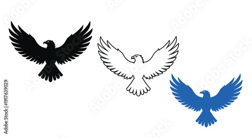 Three eagle depictions with varying styles including a dark silhouette
