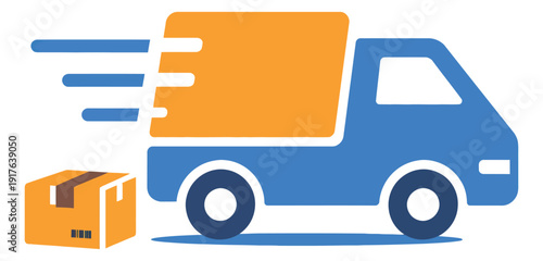 Modern flat illustration of a delivery truck and package depicting fast shipping for logistics and e-commerce
