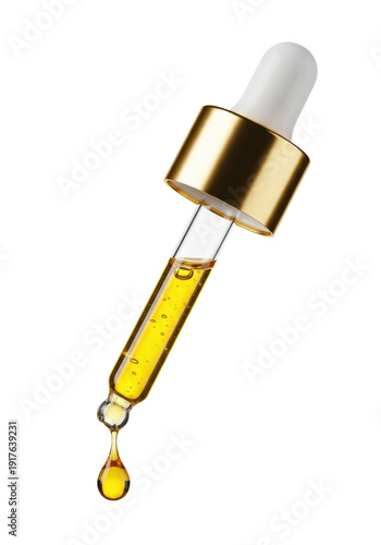 Wallpaper Mural clear glass dropper, metallic gold cap, filled with vibrant golden yellow serum, a perfect drop falling, ultra-realistic macro against a transparent background. concept of high-end cosmetic precision Torontodigital.ca