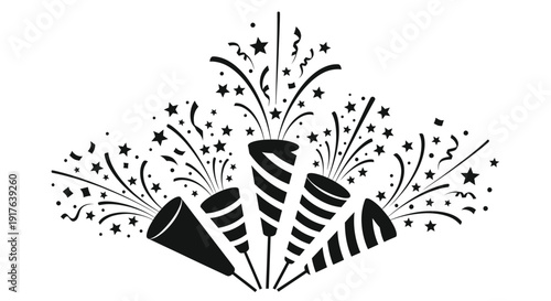 Celebratory party poppers with sparkling stars in black silhouette
