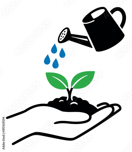 Line art illustration of a hand holding a young plant depicting it being watered by a watering can for environmental care and growth