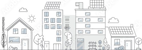 Urban residential buildings with rooftop solar panels, sustainable city houses using renewable energy, eco friendly neighborhood vector illustration