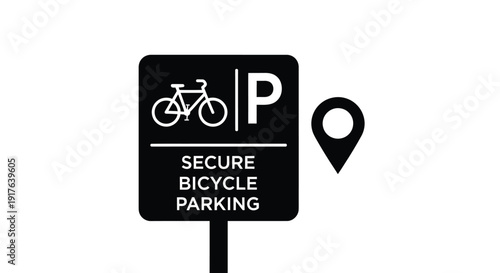 Secure bicycle parking sign with a bicycle and location pin silhouette