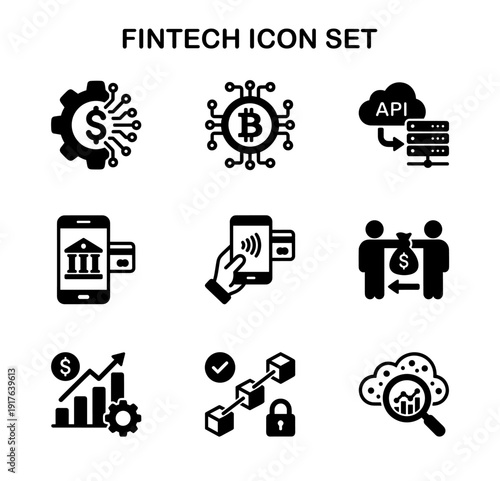 Glyph Style Finance Technology Modern Business Fintech Icon Set Collection