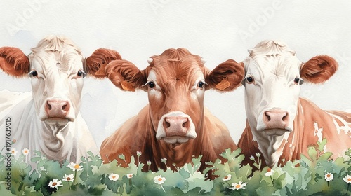 Watercolor painting of three cows standing behind wildflowers, highlighting livestock farming, dairy production and pastoral countryside atmosphere.