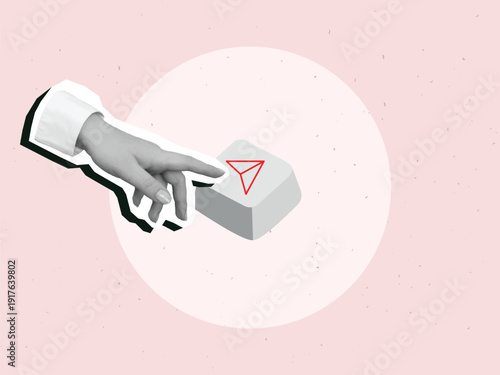 A hand presses a button with an airplane icon to send a message. Modern collage style. Vector illustration