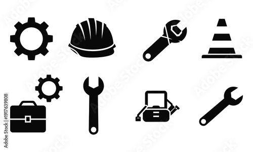 Industrial Tools and Safety Equipment Icons Set for Construction