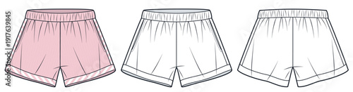 Women Sport Shorts with Elastic Waistband Technical Fashion Illustration. Casual Summer Shorts Fashion Flat Technical Drawing Template, front and back view, white, pink color, women CAD mockup.