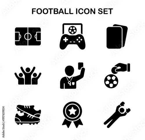 Solid Glyph Soccer Icon Set Collection with Ball, Field, and Player Element