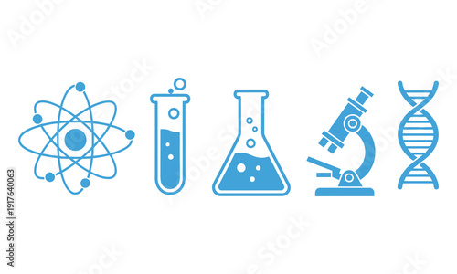 Scientific symbols and laboratory equipment illustrated in a modern style