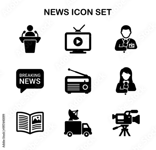 Minimalist Silhouette News and Journalism Icon Set for Media Coverage