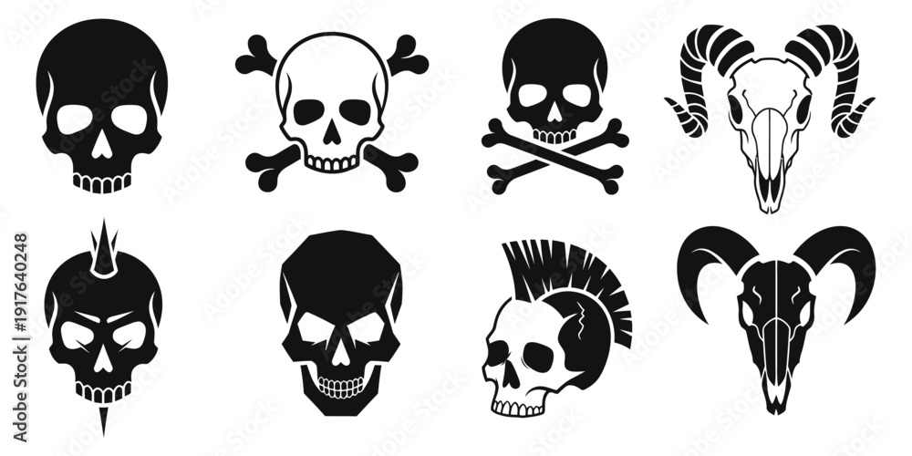 Fototapeta premium Collection of various skull and animal designs in black and white illustrations