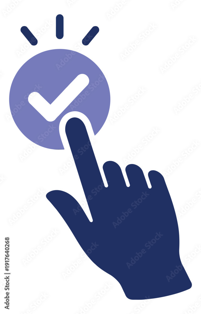 Fototapeta premium Modern flat illustration of a hand clicking a checkmark button depicting confirmation for digital interaction