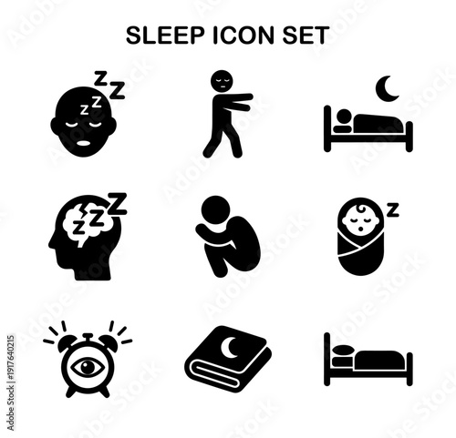 Minimalist Black Sleep Icon Set Representing Various Sleeping Related Concepts
