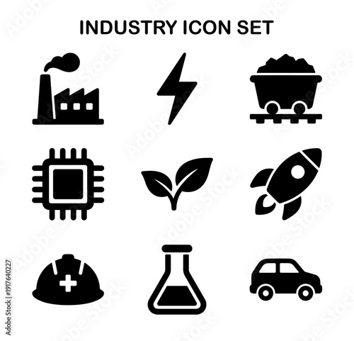 Black Glyph Industry Elements Icon Set, Factory, Energy, Mining, Science, Transport