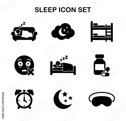 Simple Silhouette Sleep Theme Icon Set for Rest and Relaxation