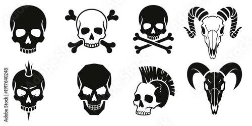 Collection of various skull and animal designs in black and white illustrations
