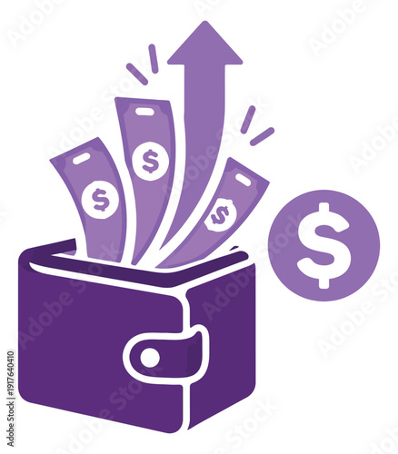 Graphic illustration of a wallet with rising money and a dollar coin depicting financial growth and increased income for business and economy concepts