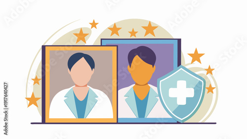 Vector illustration of two healthcare workers with shield and stars symbolizing medical protection and excellence