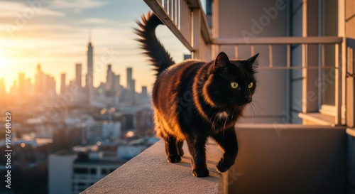 Black cat strolls along rooftop ledge with cityscape panorama at golden hour serenity