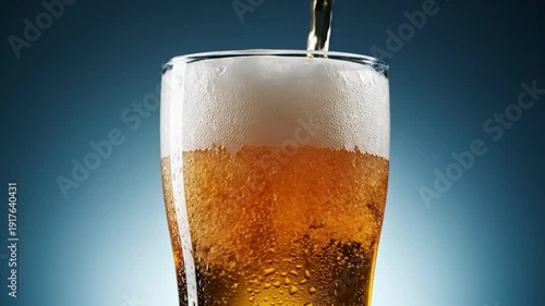 Wallpaper Mural Cold refreshing beer pouring into a glass creating a foamy head and condensation against a blue backdrop Torontodigital.ca