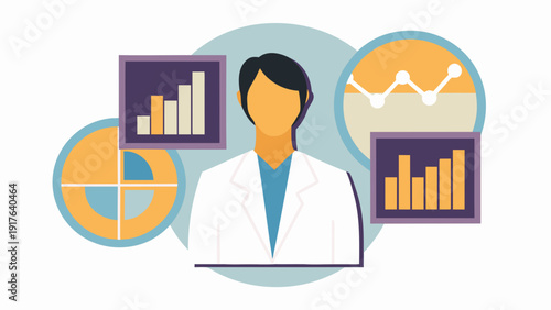 Medical specialist analyzing data charts and graphs in a professional setting with a thoughtful expression