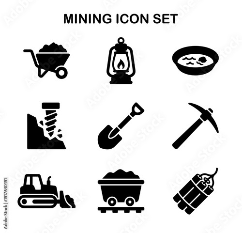 Solid Bold Mining and Construction Icon Set Depicting Coal Industry Elements