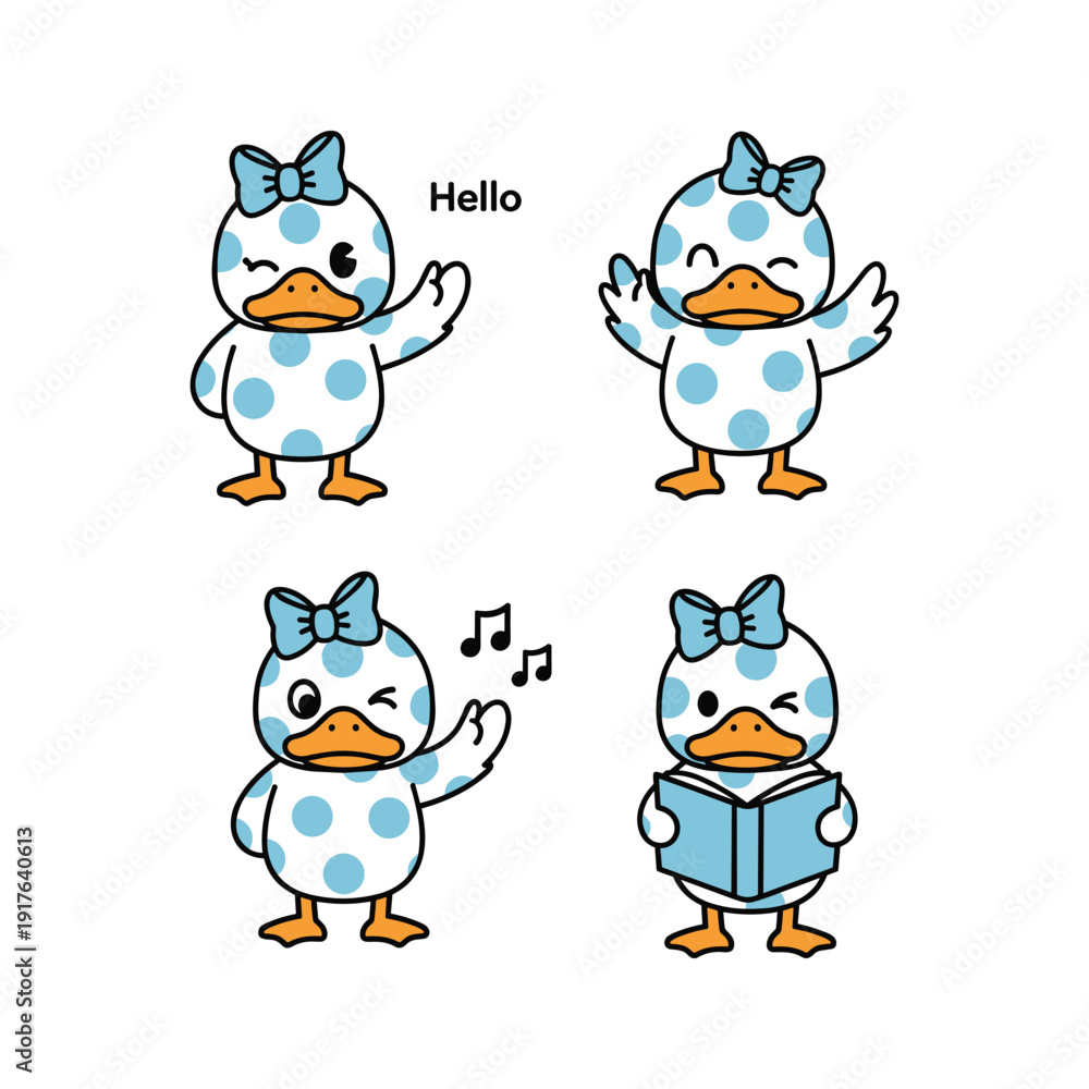 Obraz premium Cute cartoon duck characters with different emotions and actions in a white background with copy space
