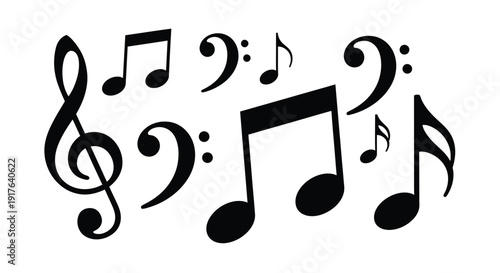 Musical notes and symbols form a decorative black silhouette