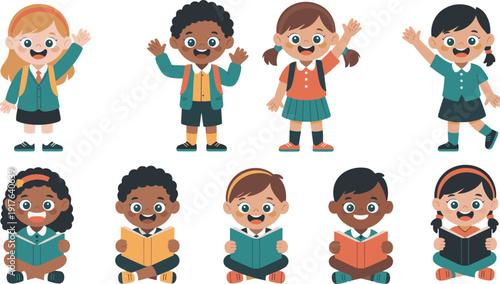 Diverse happy school children waving and reading books, cute elementary students isolated on white background flat vector illustration
