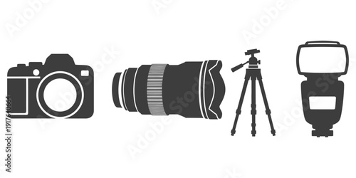 Photography equipment icons set with camera, lens, tripod, and flash on display