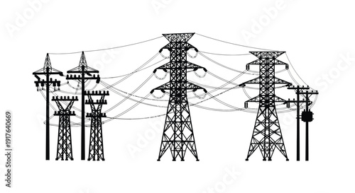 Electrical power transmission towers against a white background silhouette