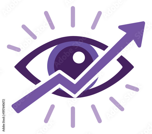 Modern flat graphic illustration of an eye with a rising arrow depicting insight and growth for business analytics