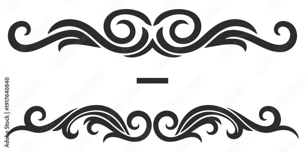 Fototapeta premium Ornate black decorative elements with swirling patterns and a dash