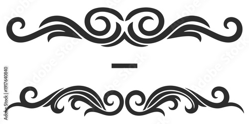 Ornate black decorative elements with swirling patterns and a dash