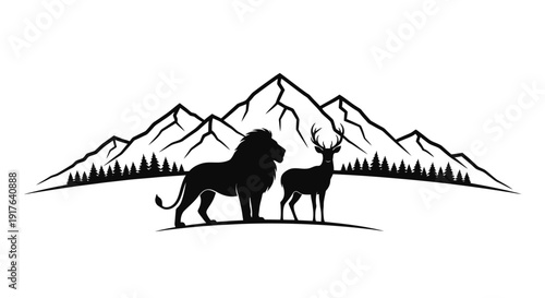 Majestic lion and deer stand before mountains in striking silhouette