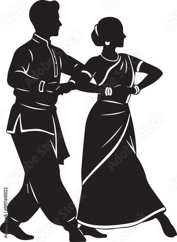 Indian couple dancing silhouette illustration vector showing traditional attire and grace
