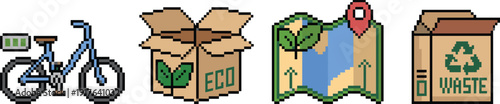 Pixel art eco transport and recycling icons set, electric bicycle eco box map waste sustainable lifestyle illustration