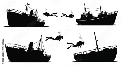 Black ships and divers in a stark dramatic silhouette