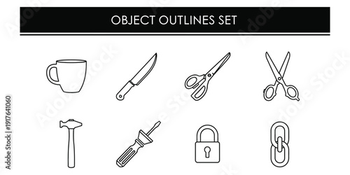 Collection of various object outlines including tools and household items displayed