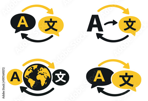 Modern icon language translation set featuring letter A and chinese character exchange symbols with speech bubbles and a globe for global communication services